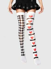 ROMWE Goth 1 Pair Women's Heart Pattern Plaid Over-The-Knee Long Socks - Multicolor - View 7