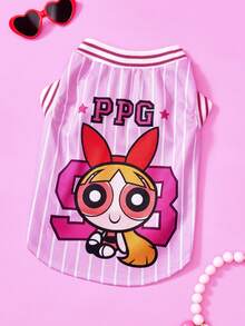 THE POWERPUFF GIRLS X PETSIN 1件裝可愛蝴蝶結黃色女孩星星數字98字母印花寵物背心，粉色拼接白色條紋運動風，柔軟舒適寵物衣服 - 彩色 - 查看 1