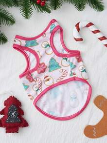 PETSIN 1pc Pink Cute Printed Pet Vest Suitable For Cats And Dogs, Featuring Snowman, Christmas Tree And Candy Prints - Multicolor - View 9