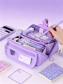 Large Capacity Multifunctional Pencil Case With Desk Organizer Dividers Durable Polyester Material Portable Study Desktop Storage Box Multi Compartment For Pens Pencils Markers Ideal Back To School Gift Unisex - multicolor - View 3