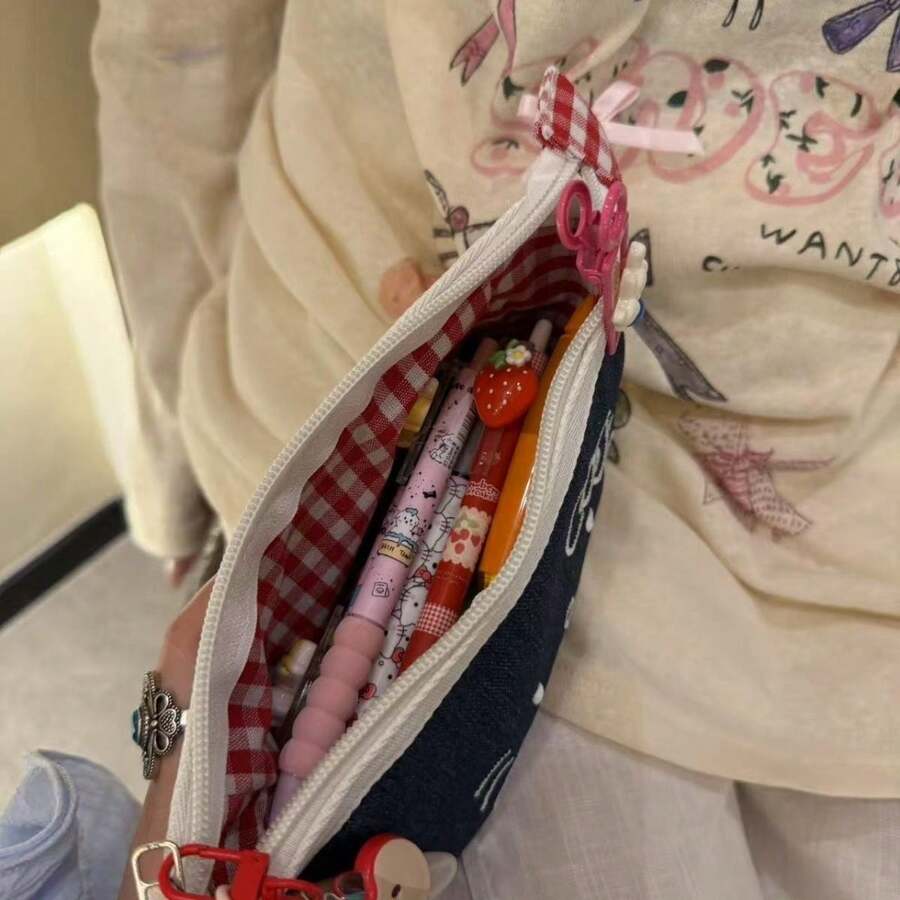 1Pc 17x5x8cm Durable Denim Embroidered Cute Cat Face Pencil Case With Zipper Dark Blue Stationery Organizer For Students Back To School Hot . - multicolor - View 1