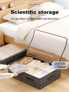 Black Plaid Underbed Storage Bag Dustproof Fabric Large Capacity Foldable Clothes Quilt Blanket Organizer With Clear Window Handles Space Saving Home Essential - Under Haig's bed - View 1