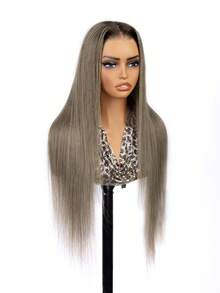 ALL READY WIG 9AM 穿戴即走直髮灰金色假髮，棕色髮根，真人髮，7x5 透明蕾絲封口，免膠水，自然外觀，180% 密度，22-28 英吋 - S3/14 - 查看 3