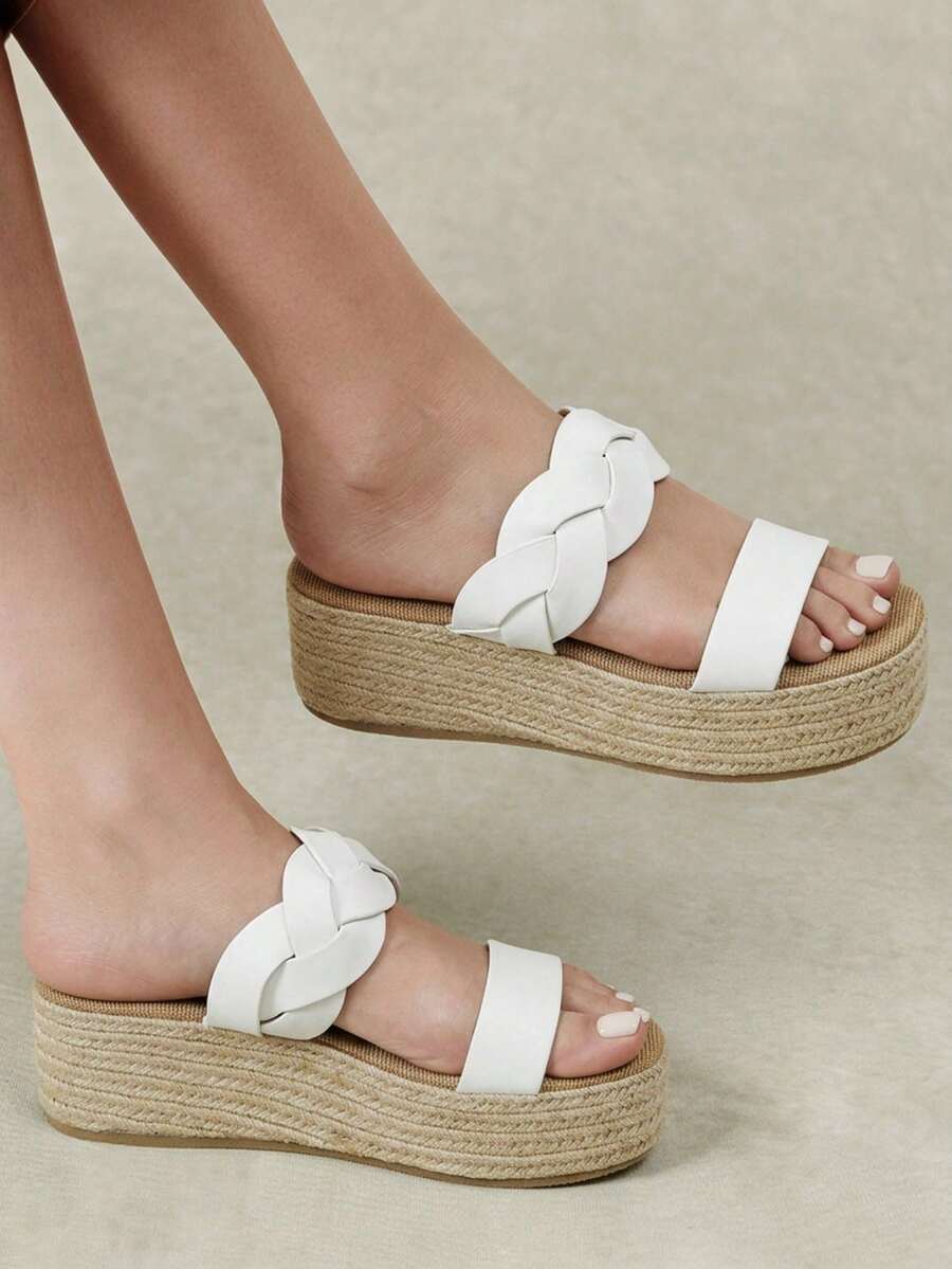 Styleloop Ladies Straw Bottom Beige Woven Belt Ladies Platform Sandals Boho Style Is Suitable For Going Out On Vacation Daily Dating Beach Seaside Travel Ca - White 6 - View 1
