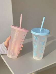 1/10Pcs, 24-Ounce Powder Blue Bowknot Plastic Cups With Lids And Straws, Reusable, Cute Transparent Plastic Cups, Suitable For Birthday, Wedding, And Party Supplies. Reusable Plastic Cups With Pink Ribbons, Summer Drink Cups - multicolor - View 6