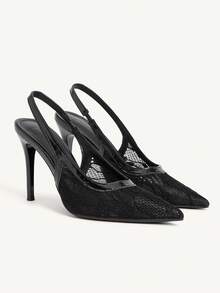 CUCCOO CHICEST French Pure Black Lace Transparent V-Shaped Hemming Pointed Toe Thin Heel Slingback Shoes Elegant Commuting Dating Thin High Heels - Black - View 1