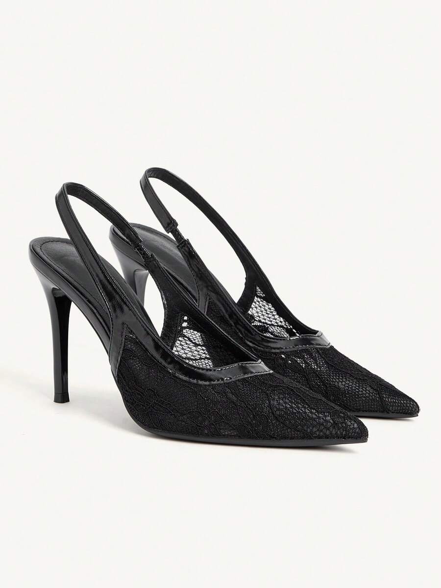 CUCCOO CHICEST French Pure Black Lace Transparent V-Shaped Hemming Pointed Toe Thin Heel Slingback Shoes Elegant Commuting Dating Thin High Heels - Black - View 1