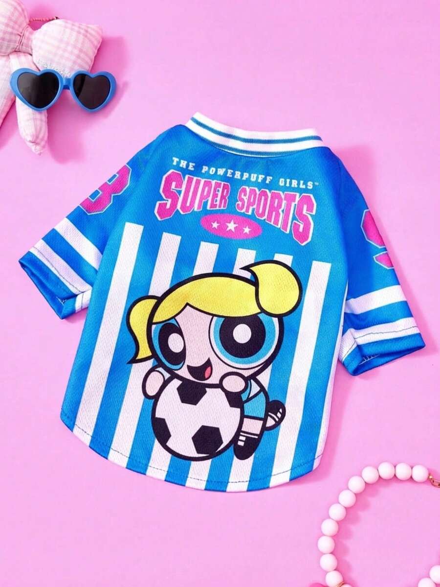 THE POWERPUFF GIRLS X PETSIN 1件可愛黃髮大眼女孩踢足球圖案、星星字母印花藍色配白條紋、運動風透氣柔軟舒適寵物衣服 - 彩色 - 查看 1