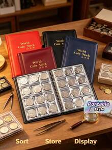 1pc 120 Coin Collection Album Pocket Size Storage Book Durable Clear Pocket For Numismatic Coin Collector Home Desk Display Organizer - Black - View 1