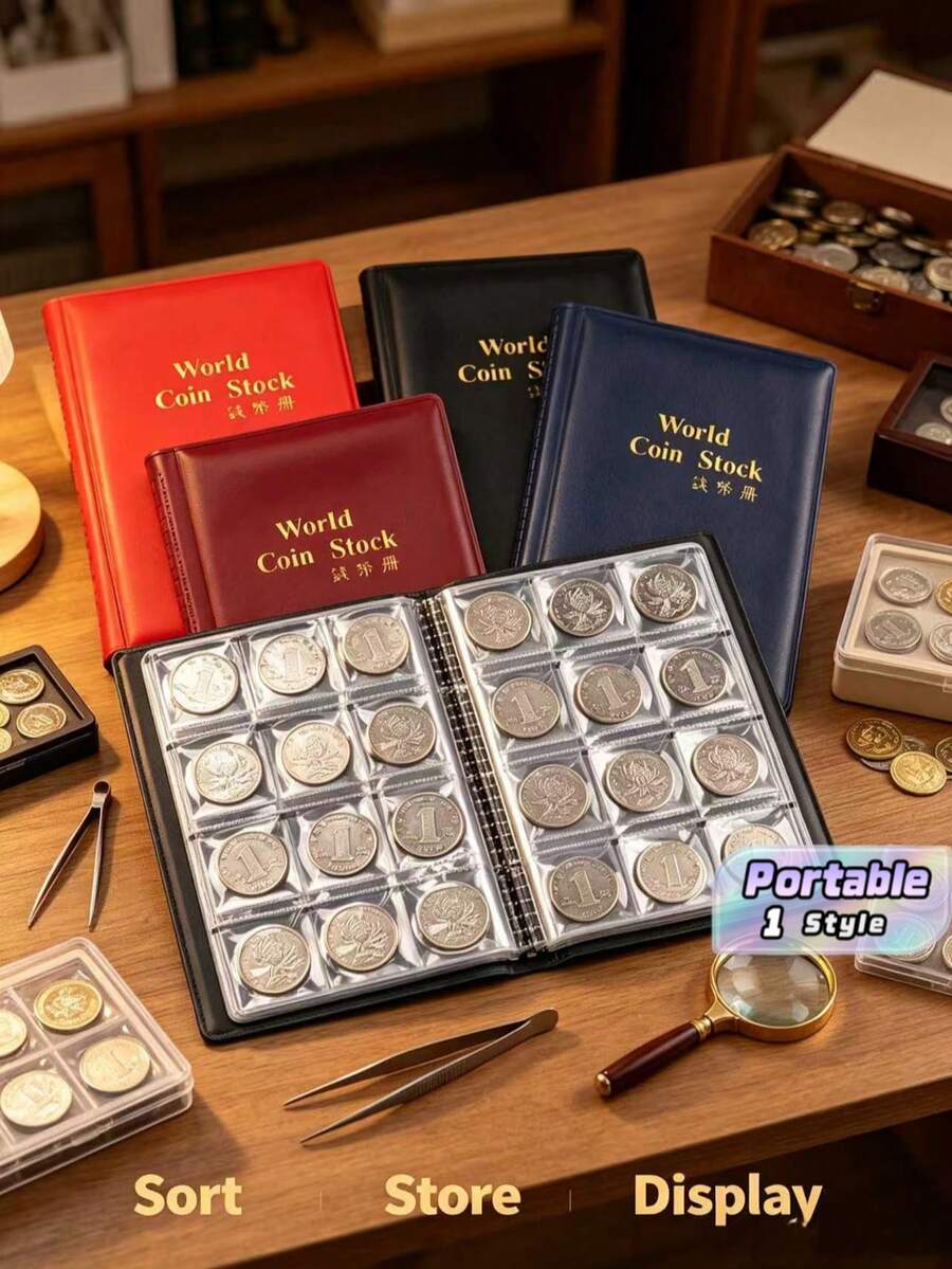 1pc 120 Coin Collection Album Pocket Size Storage Book Durable Clear Pocket For Numismatic Coin Collector Home Desk Display Organizer - Black - View 1