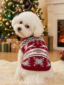 PETSIN 1 Pc Warm Christmas Pet Sweater: Reindeer Snowflake Color Blocking Design Animal Clothing - Multicolor - View 6