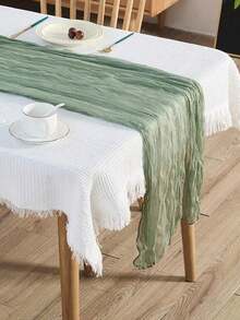 90*180cm Bohemian Polyester Table Runner, Sage Green Solid Color Wrinkle Textured Table Cloth, Fabric Table Mat For Holiday Dining Room Bedroom Decoration, Wedding Party Housewarming Gift - Green - View 9