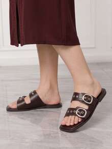Sleekvia Women's New Comfortable Flat Wear-Resistant Versatile Burgundy Metallic Outdoor Sandals - Burgundy - View 3