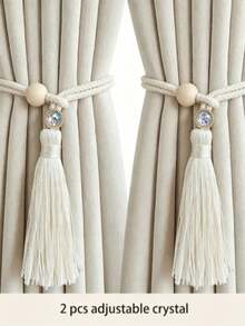 Haus Hana Wooden Ring Bead Tie Rope, Wooden Gauze Curtain Flow Su Tie Rope, Decorative Curtain Buckle, Adjustable Water-Based Curtain Tie Rope, Tied Curtain Strap, Fixed Circular Buckle Cotton Rope, Adjustable And Movable Wooden Bead Exquisite And Practical - multicolor - View 10