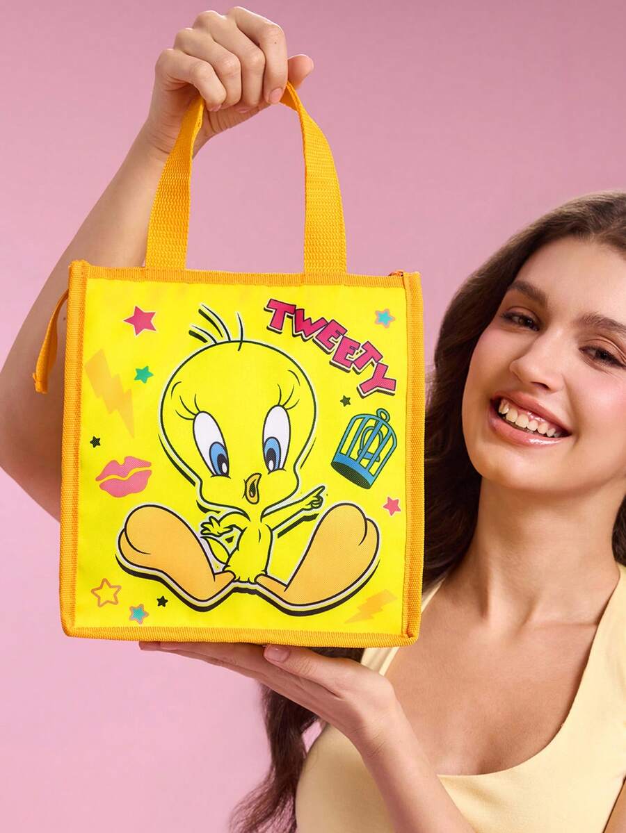 LOONEY TUNES X SHEIN 1個印花保溫午餐袋,可保溫或保冷,野餐袋 - 黃粉橙 - 查看 1