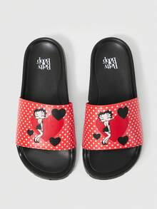 Betty Boop x SHEIN نعال نسائية وردية وبيضاء مطبوعة، نعال خفيفة الوزن بقاع ناعم - القلب الأسود - مشاهدة 3