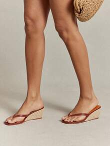 VACAZURE New Women's Small Thong Wedge Coffee Color, Slide-In Comfort Square Toe Spring Summer Chic Holiday Shoes Summer Shoes - Coffee Brown - View 4