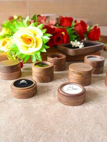 1pc Round Walnut Wood Ring Box Modern Elegant Design Two Ring Holder Proposal Engagement Wedding Jewelry Display Storage Case Magnetic Closure Christmas Stocking Fillers Holiday Gift Ideas Must Haves - Walnut - View 11