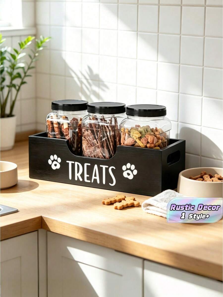 1pc Wooden Farmhouse Dog Cat Treat Storage Container Sealed Food Box For Dry Kibble Kitchen Counter Organizer Sturdy Home Decor Must Haves Christmas Stocking Fillers Gift Idea