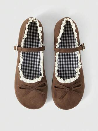 Kawaii Ladies Brown Loafers, Closed Round Toe Mary Jane Heels, Bow Lace Lolita Ballet Flats, Fit For Christmas