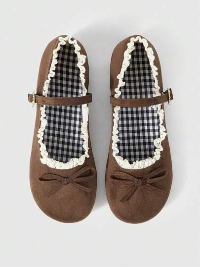 Kawaii Mocassini marroni da donna, scarpe Mary Jane con tacco e punta tonda chiusa, ballerine Lolita con fiocco e lacci, adatte per Natale