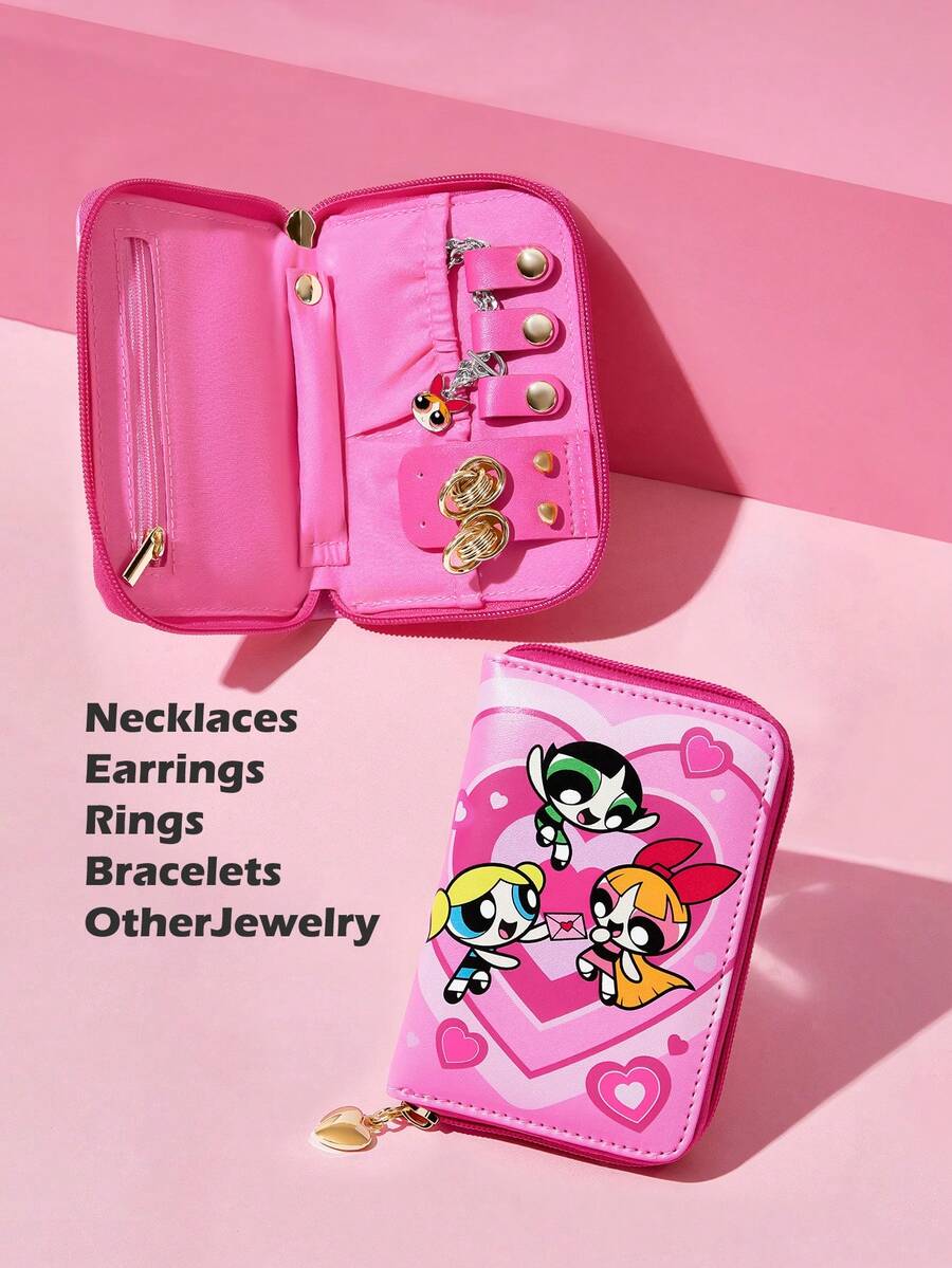 THE POWERPUFF GIRLS X SHEIN Tas Penyimpanan Perhiasan Bermotif, Bahan PU Merah Muda, Desain Penutup Resleting, Dengan Liontin Berbentuk Hati, Cocok Untuk Menyimpan Anting, Kalung, Cincin, Kecil dan Portabel, Cocok Untuk Perjalanan dan di Rumah - bedak tabur - View 1