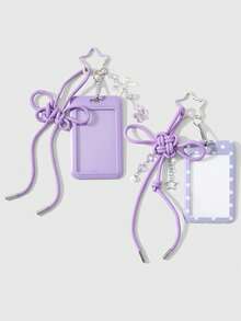 ROMWE Kawaii 1 Unique, Fashionable And Simple Purple Handmade Braided Rope Chinese Knot Acrylic Bow Polka Dot Printing Card Cover DIY Keychain Bag Pendant - Purple - View 5