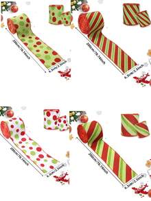 4ROLLS 2.5INCH WIRED GLITTER STRIPED POLKA DOT RED GREEN CHRISTMAS RIBBON FOR WREATH BOW CHRISTMAS TREE DIY CRAFT HOME DECOR ROOM DECOR WINTER HOLIDAY PARTY GIFT - Multicolor - View 2