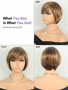 BreezeEase Short Pixie Cut Human Hair Wig Mix Brown Highlight Side Bang Bob Wig Short Straight Style Daily Party Wear Glueless Wig For Women Easy Wear Beginner Friendly - SP4/27 - View 5
