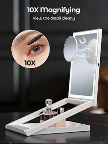 Teckwe Tabletop Makeup Mirror With Light, Foldable And Height-Adjustable Desktop, Adjustable LED Light For Touch-Ups. Features A Three-Color Light With Stepless Dimming And A 10x Magnifying Glass.ABS+Glass 1200mAh - White - View 4