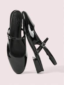 CUCCOO DOLLMOD Women's Shoes Black Glossy Textured Back Lift Mary Jane Flats - Black - View 1