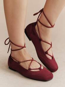 Rosivie Retro Jujube Cross-Rope Shoes, Ankle Lace-Up French Atmosphere Soft-Soled Women's Shoes Fall Shoes - jujube - View 2