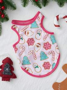 PETSIN 1pc Pink Cute Printed Pet Vest Suitable For Cats And Dogs, Featuring Snowman, Christmas Tree And Candy Prints - Multicolor - View 10