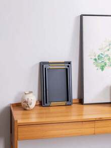 竹製茶盤 日式茶盤 收納托盤 裝飾托盤 非常適合派對、早餐、午餐與晚餐，居家餐桌裝飾用 生日派對托盤 婚禮訂婚派對托盤 送禮分裝托盤 黑色 - 黑色 - 查看 3