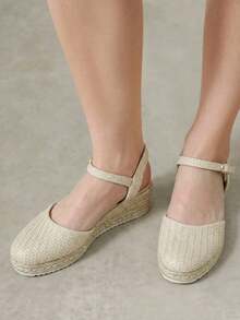 Styleloop New Straw Woven Wedge Sandals For Women, Light Apricot, Ankle Strap, Embossed Design, Casual Beach Holiday Outdoor Comfortable Versatile - Apricot 9 - View 7