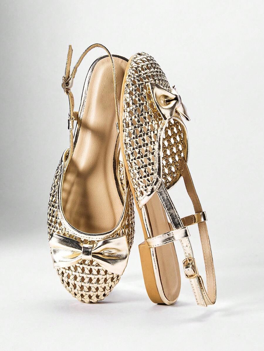 VACAZURE Women's Elegant Ribbon Decorated Woven PU Comfortable Sling-Back Flats - Gold - View 1