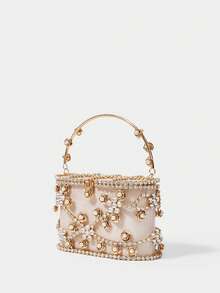 SHECARRY Ladies Fashion Gold Heavy Industry Dinner Bag, Flower Decorated Bucket Bag, For Parties, Festivals, Dates, Gifts, Weddings, Dress Matching - Gold - View 2