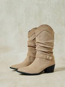 Styleloop Women's Khaki Pointed Toe Chunky Heel Ruched Suede Mid-Calf Boots Autumn Office Fall Boots - Khaki 01 - View 2
