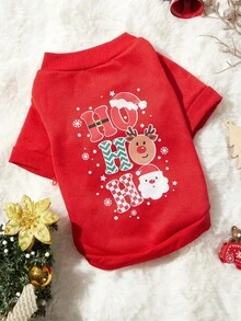 PETSIN 1pc Pet "HoHoHo" Reindeer Snow Flake Santa Claus Cartoon Print Cute Red Fleece Pullover Sweatshirt - Multicolor - View 5