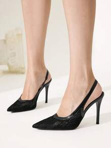 CUCCOO CHICEST French Pure Black Lace Transparent V-Shaped Hemming Pointed Toe Thin Heel Slingback Shoes Elegant Commuting Dating Thin High Heels - Black - View 7