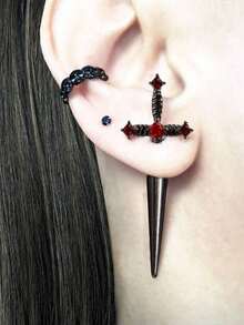 ROMWE 1pair New Gothic Style Sword Shaped Women's Vintage Multicolor Crystal Stud Earrings, Halloween - Red - View 1