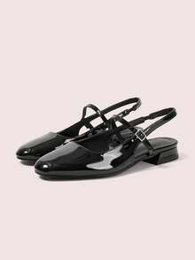 CUCCOO DOLLMOD Women's Shoes Black Glossy Textured Back Lift Mary Jane Flats - Black - View 2