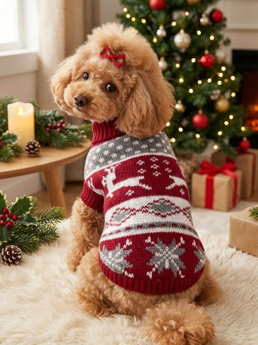 PETSIN 1 Pc Warm Christmas Pet Sweater: Reindeer Snowflake Color Blocking Design Animal Clothing - Multicolor - View 1