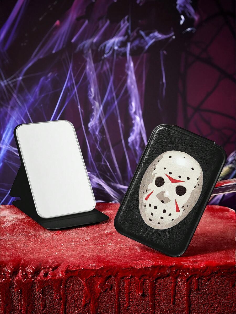 WB Horror X SHEIN 暗黑恐怖面具可折疊手鏡,圓形防刮皮革收納盒,輕巧尺寸適合戶外旅行與日常補妝 - 黑色 - 查看 1