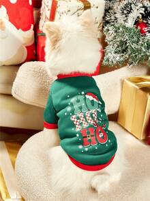 PETSIN 1pc Pet Hohoho English Text & Graphic Printed Green Fleece Crew Neck Warm Sweatshirt - Multicolor - View 3