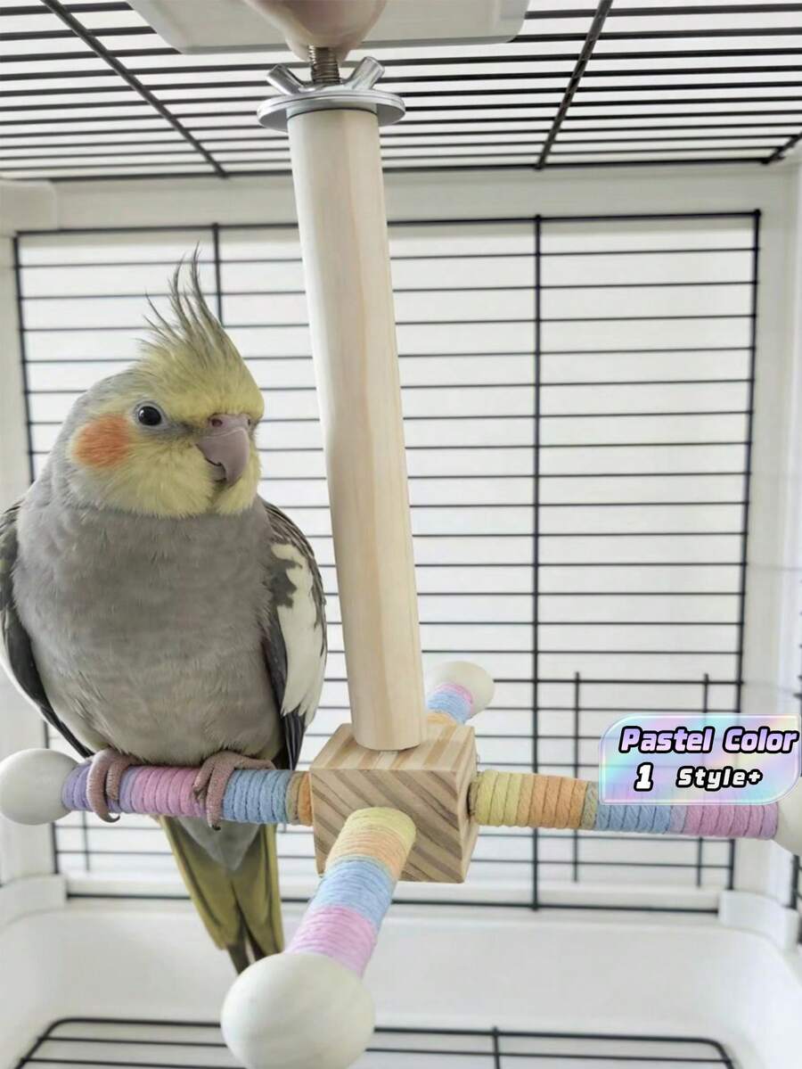 Natural Wood Cross Rotating Cotton Rope Parrot Stand Perch With Macaron Fresh Color Scheme For Cage Climbing Activity Claw Care Daily Use Pet Bird Indoor Home All Season - View 1