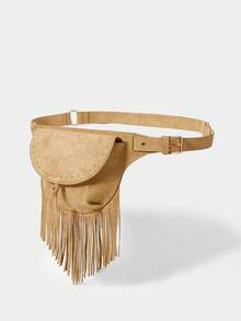 SHECARRY Women's Fashion Retro Imitation Suede Fringed Fanny Pack, Rivet Flip Saddle Bag Shape, For Daily, Shopping, Commuting, Travel - Khaki - View 2