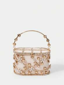 SHECARRY Ladies Fashion Gold Heavy Industry Dinner Bag, Flower Decorated Bucket Bag, For Parties, Festivals, Dates, Gifts, Weddings, Dress Matching - Gold - View 3