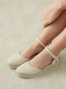 Styleloop New Straw Woven Wedge Sandals For Women, Light Apricot, Ankle Strap, Embossed Design, Casual Beach Holiday Outdoor Comfortable Versatile - Apricot 9 - View 9