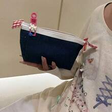1Pc 17x5x8cm Durable Denim Embroidered Cute Cat Face Pencil Case With Zipper Dark Blue Stationery Organizer For Students Back To School Hot . - multicolor - View 4